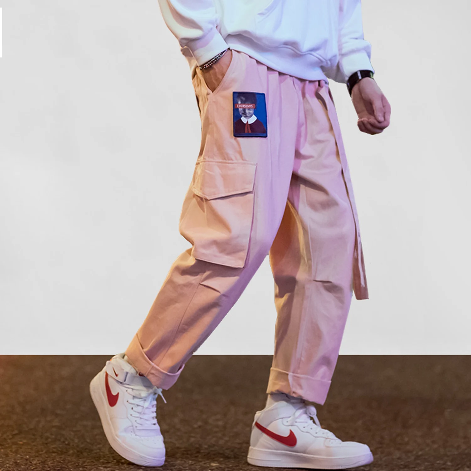 

Aelfric Eden Streetwear Hip Hop Cargo Pants Men Women Ribbon Letter Embroidery Japanese Joggers Trousers Casual Harem Pants Pink