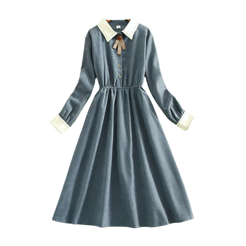 

Solid Bow Neck Women Dresses Autumn New Turn-Down Collar Long-Sleeved Slim Lady Elegant Clothing Top Quality