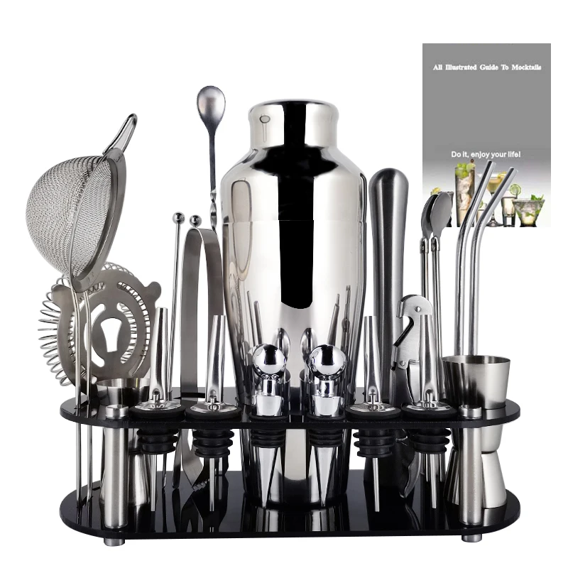 750/550ml 800/600ml Stainless Steel Cocktail Shaker Bar Tools Set with 25/19oz Jigger Muddler Mixer Cork Recipe Book Holder | Дом и сад