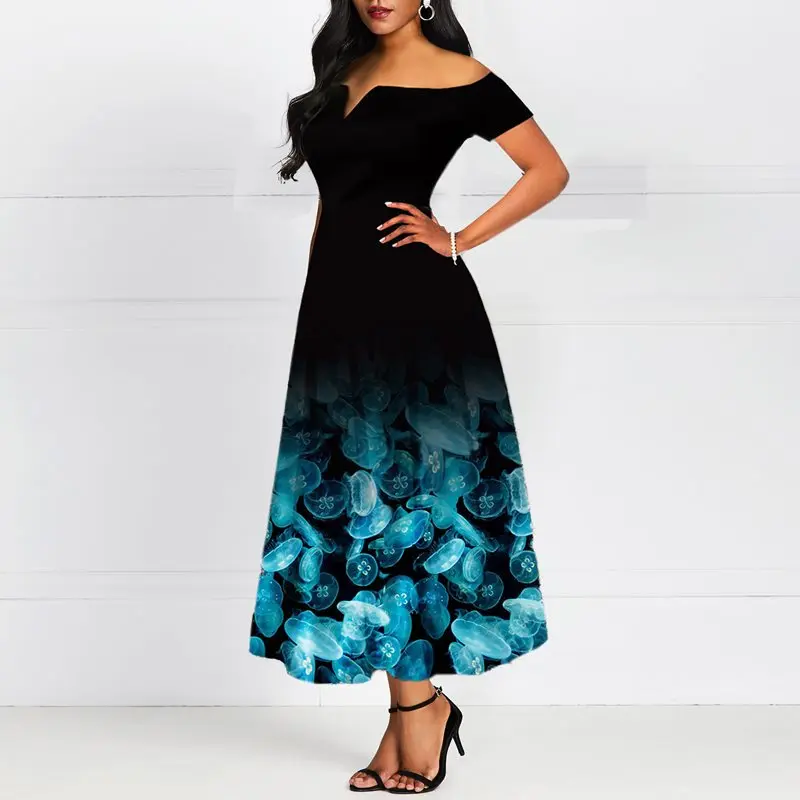 Плюс размер женский с цветочным принтом открытыми плечами Повседневное платье