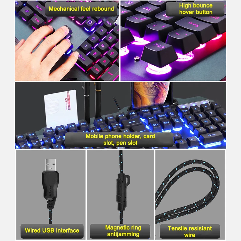 

For Tablet Desktop For PUBG RGB LED Backlit USB2.0 Gaming Keyboard For Tablet Desktop Phone Holder Gamer Two-Color Injection