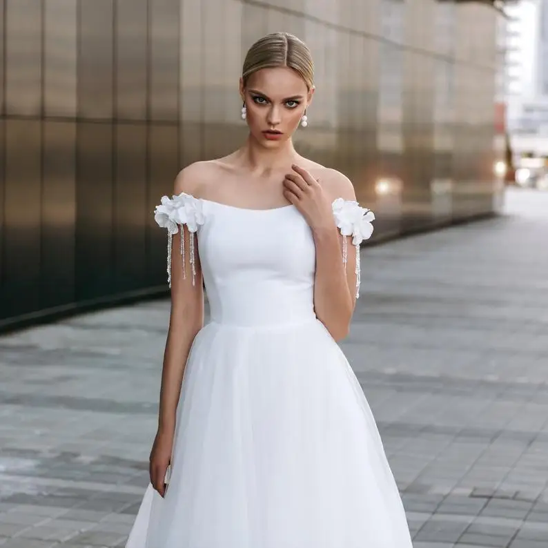 Белое свадебное платье принцессы LORIE с вырезом лодочкой и открытыми плечами