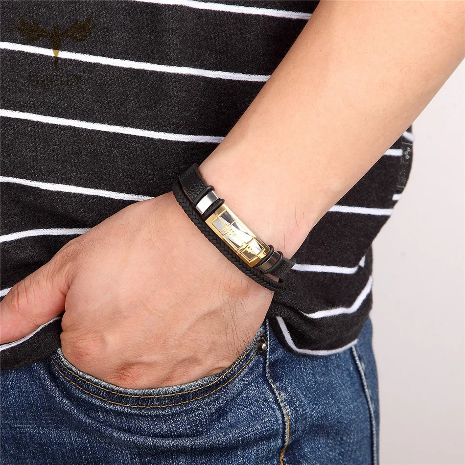 Браслет-манжета мужской плетеный из кожи и нержавеющей стали | Украшения