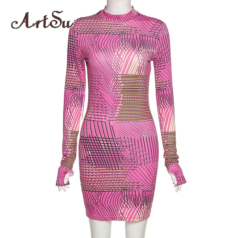 

Artsu Striped Print Mini Dress Women 2020 Autumn Turtleneck Long Sleeve Bodycon Skinny Fashion Female Outfit AR30297