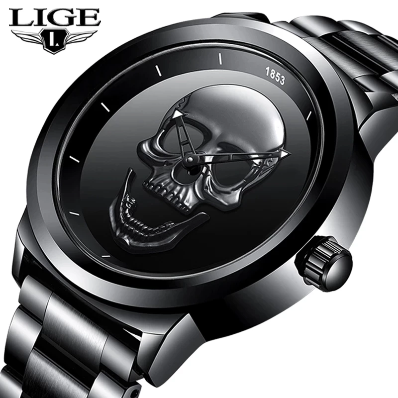 

Relogio Masculino LIGE Skull Mens Watches Simple Stainless Steel Sports Watch Men's Openwork Quartz Wristwatch Waterproof Watc