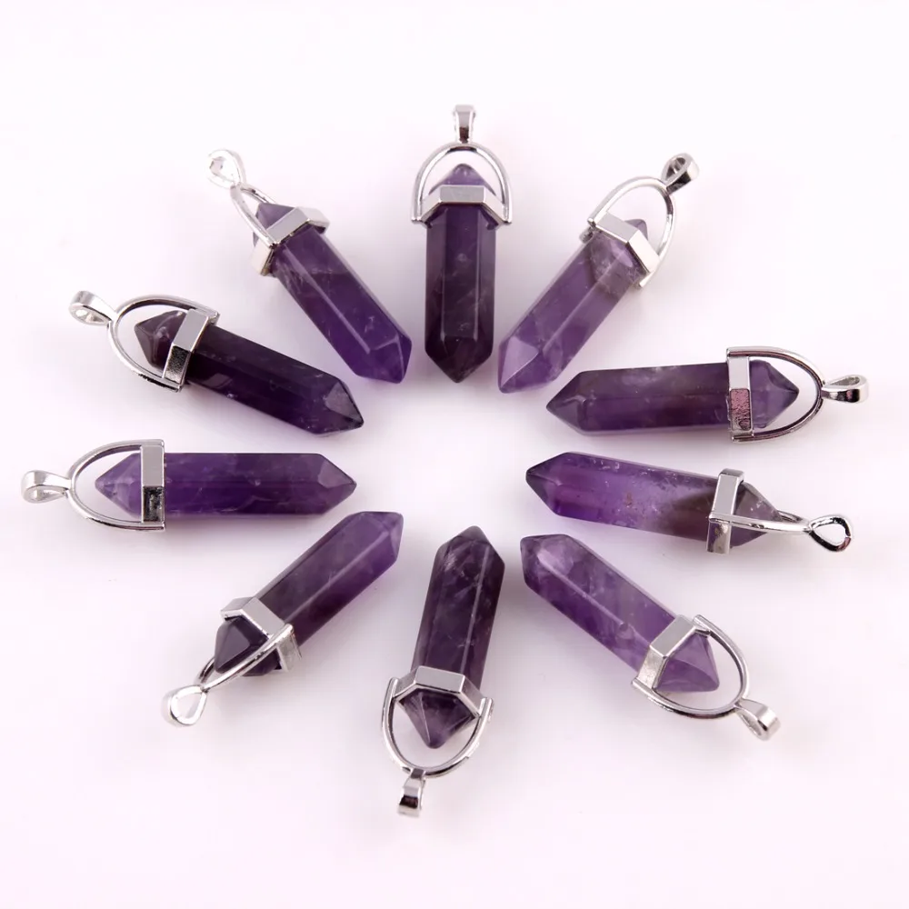 

10pcs Natural Mixed Gems Stone Point Hexagonal Purple Crystal Jewelry Accessories Statement Women Necklaces Pendants Free pouch