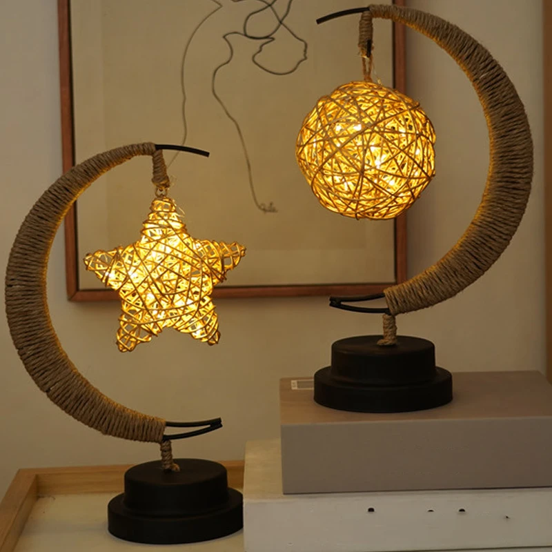 

LED USB Lantern Night Light Room Decoration Enchanted Lunar Lamp Home Ornament Handmade Hemp Rope Iron Art Ball Light