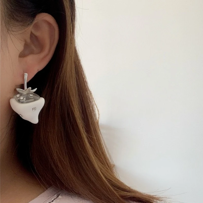 

U-Magical Unusual Strawberry with Cream Contrast Color Dangle Earrings for Women Statement Metallic Fruit Earrings Jewellery