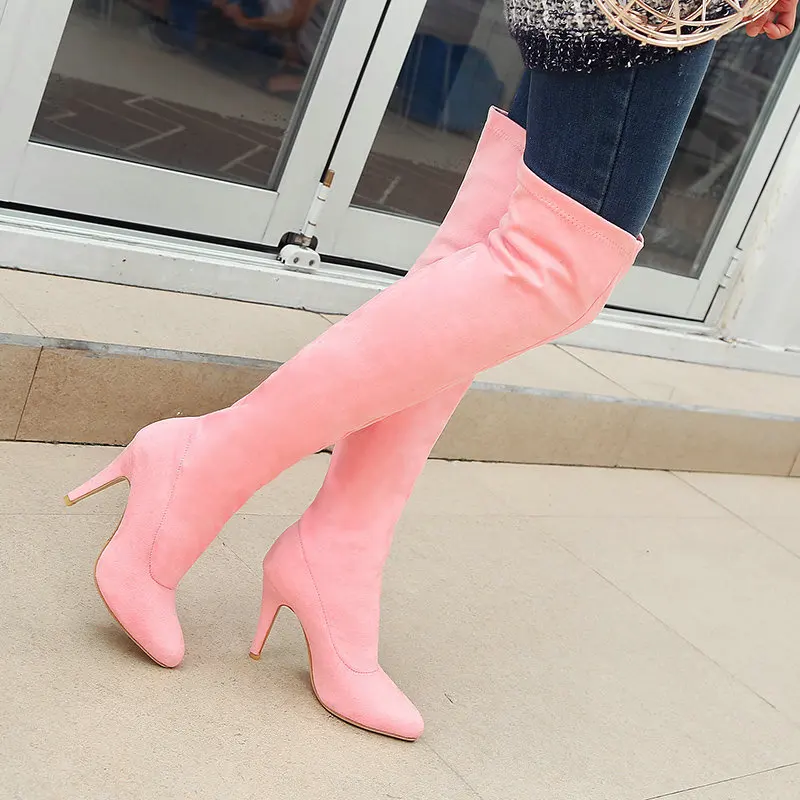 Модные женские сапоги-стрейч на тонком каблуке сапоги выше колена с острым