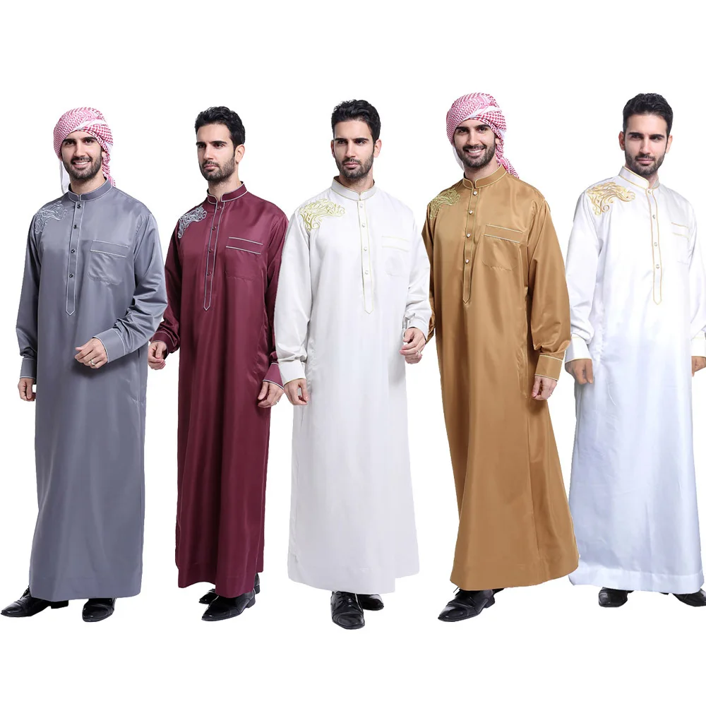 Men Long Sleeve Muslim Dress Thobe Islamic Clothing Ramadan Jubbah Middle East Saudi Arab Long Kaftan Robe