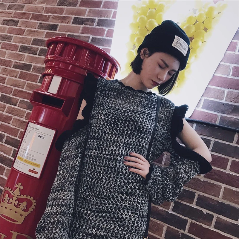

CHICEVER Korean Hollow Out Ruffle Knitted Sweater For Women O Neck Long Sleeve Oversize Loose Casual Sweaters Female 2020 New