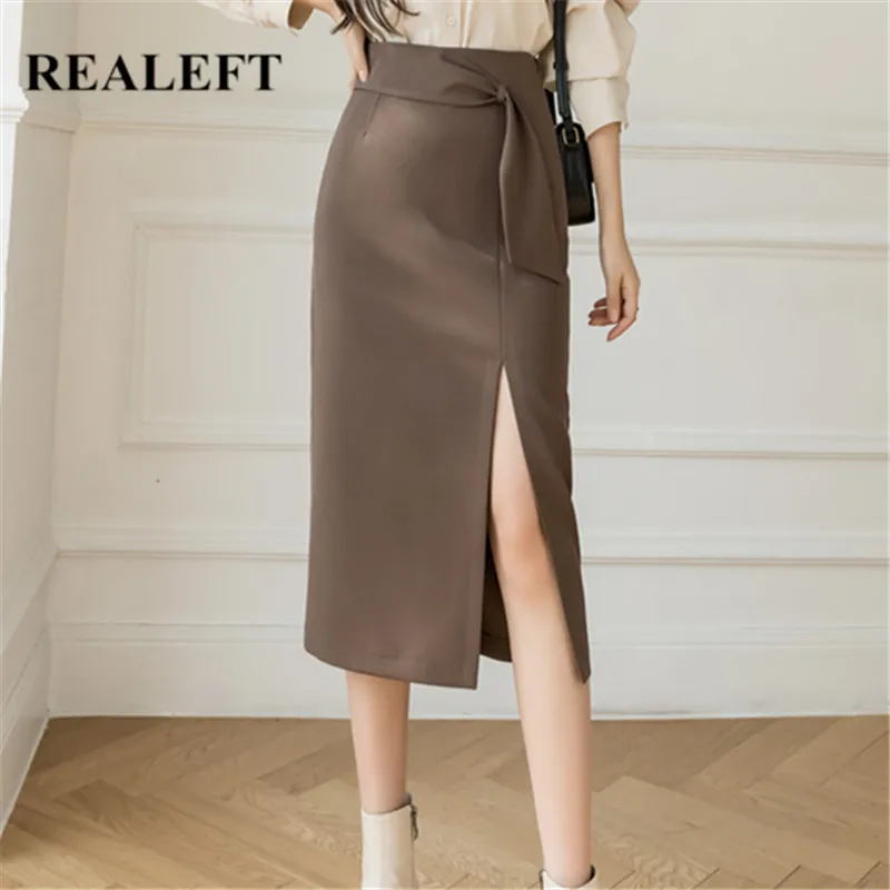 

REALEFT Autumn Women's Pencil Skirts Vintage High Waist Front Split Office Ladies Casual Solid Color Midi Skirts Female 2021 New