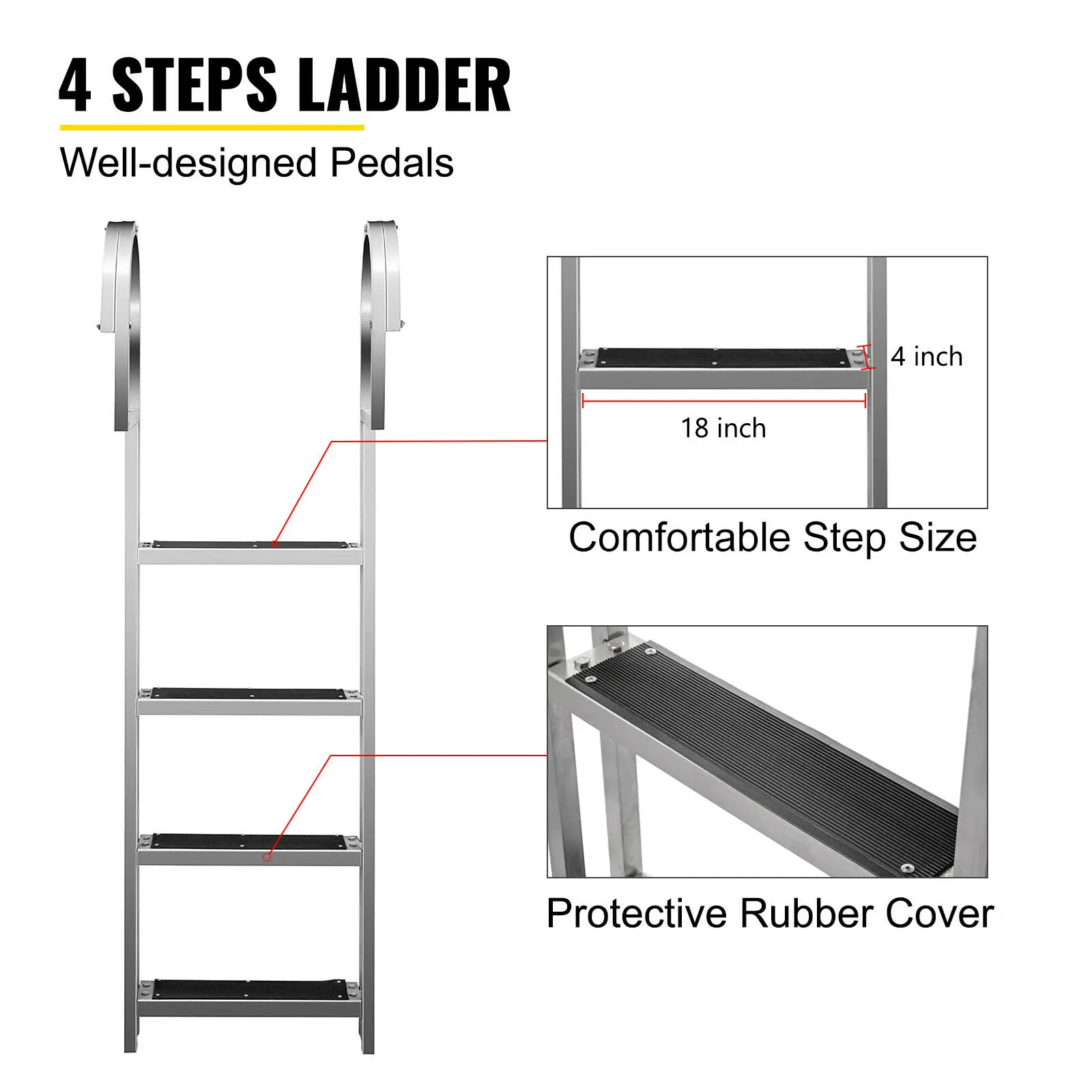 VEVOR-escalera de aluminio de 4 escalones con muelle antideslizante, escalones ajustables para trabajos de abordaje de barcos, Pont&oacute;n, piscina, 350 libras-2