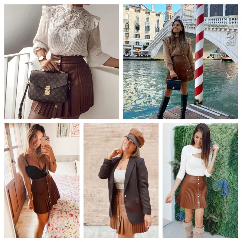 

snican solid pu leather skirt high waist buttons sexy mini pleated skirt Asymmetrical fashion faldas cortas za 2020 women autumn