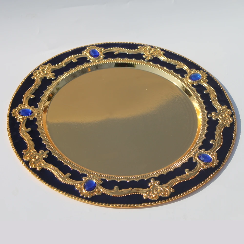 

12" Plate Gold & Blue Color Flower Pattern Metal Wine Set Tea Set Fashion Zinc Alloy Wine Set