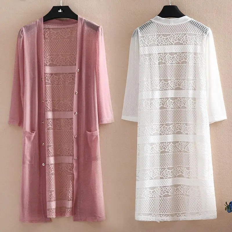 

Elegant Womens Casual Long Jacket Summer Lace Jackets Plus Size Outerwear Beach Sunscreen Shirt Slim Coats Women