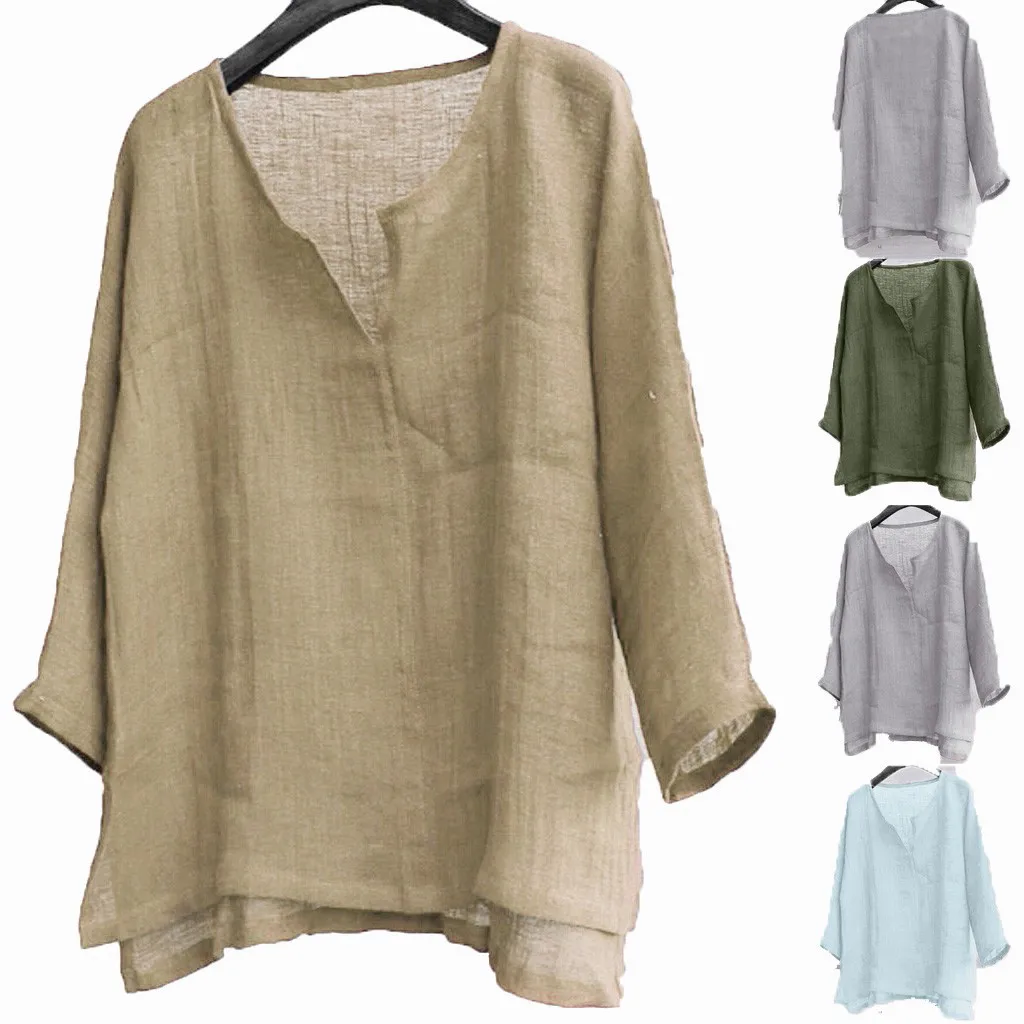 

Mens Vintage V Neck Cotton Linen Shirt Casual Long Sleeve Oversize Tops Camisa