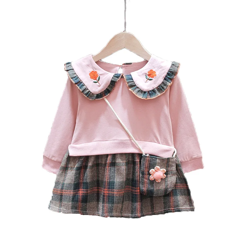 

Girls Spring Autumn Clothes Long Sleeve Sweater Dress Child Baby Girl Splicing Lattice Western Style Princess Dress