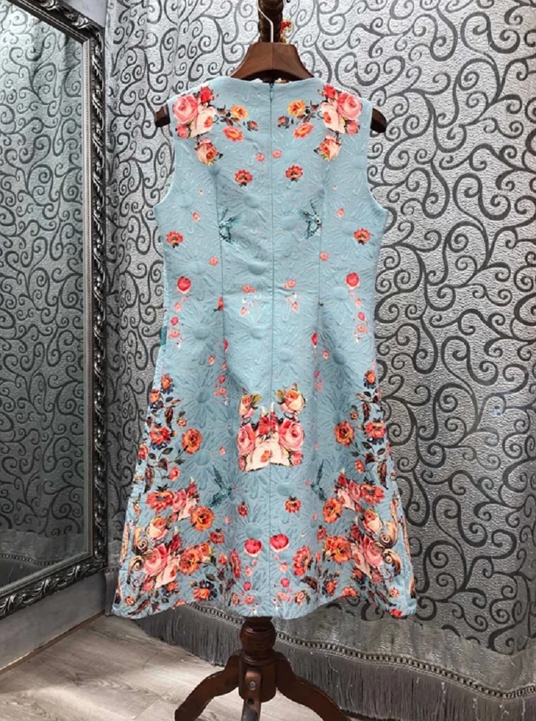 

Vintage Dress 2020 Autumn Designer Fashion Ladies V-Neck White Turn-down Collar Vintage Jacquard Print Sleeveless Blue Dress XL