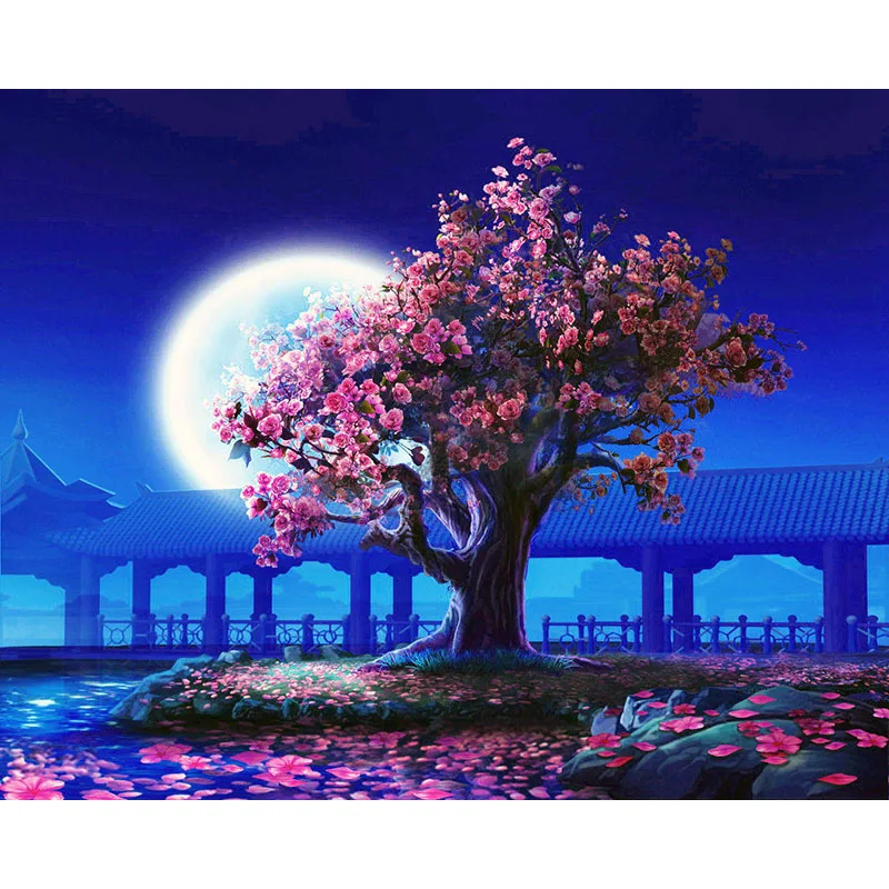 

Peach Blossom Pavilion Night View DIY Handmade Oil Paint Paint By Numbers Kit on Canvas Wall Art Home Decor Digital Painting
