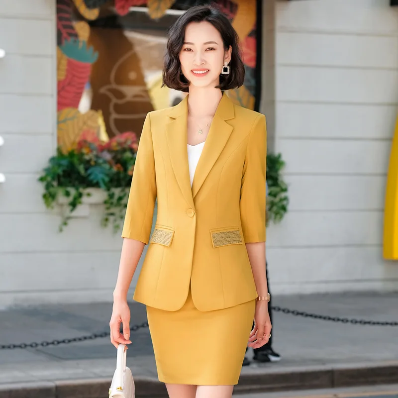 IZICFLY New Summer Style Green 2 Piece Blazer Suits Women Outfits Slim Half Office Yellow Business Set With Pants Work Wear