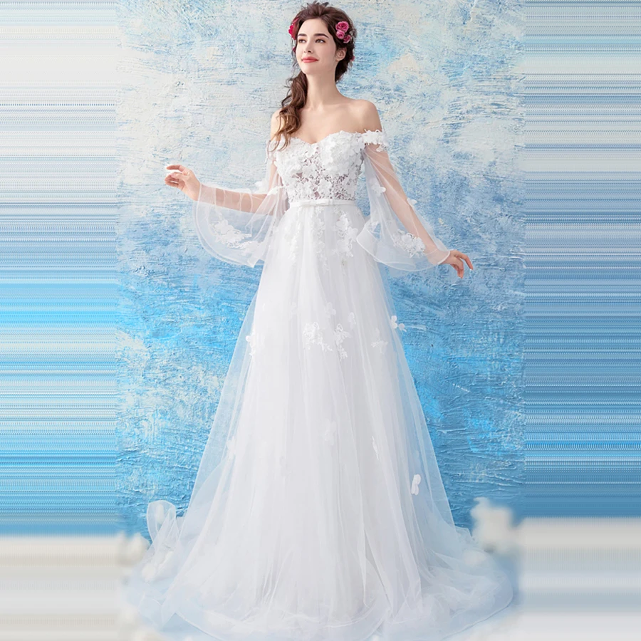 Женское длинное вечернее платье роскошное бальное с расширяющимся книзу рукавом