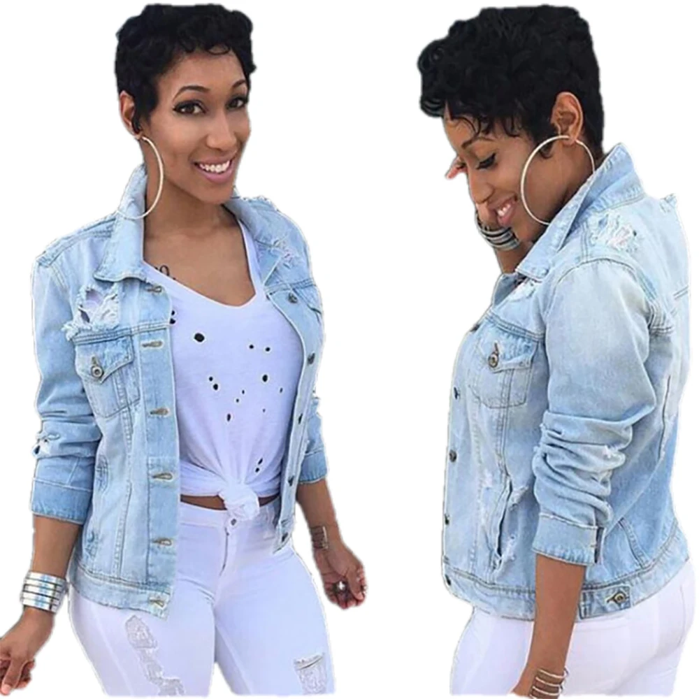 

Denim jacket 2021 European and American autumn new denim holed top street fashion versatile large Denim Jacket Women's wear y2k