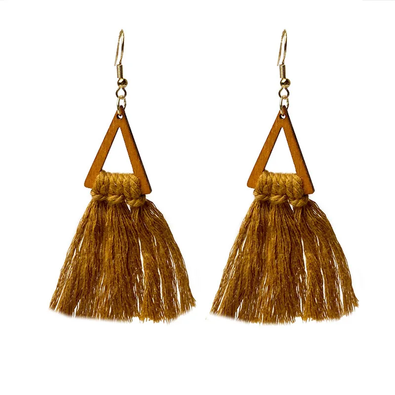 

Bohemian Handmade Jewelry Women Girl Wood Geometric Triangle Cotton Tassel Dangle Drop Earring Fashion Jewelry Birthday Gift