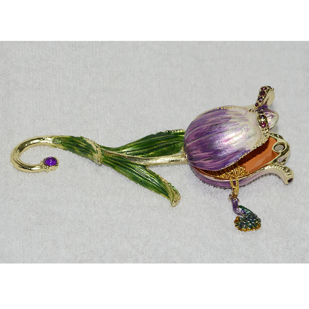 

Tulip Flower Trinket Box with Crystal Hand Painted Red Enamel Pewter Jewelry Box Mother's Day Gift