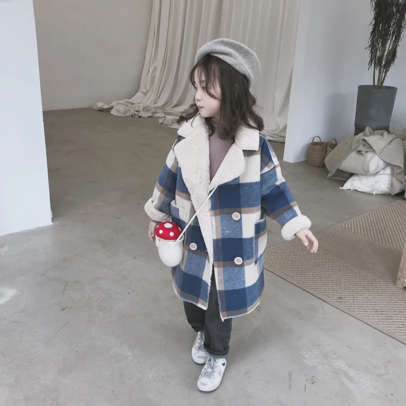 

Korean version of girl's coat girl's long woolen plaid trench coat