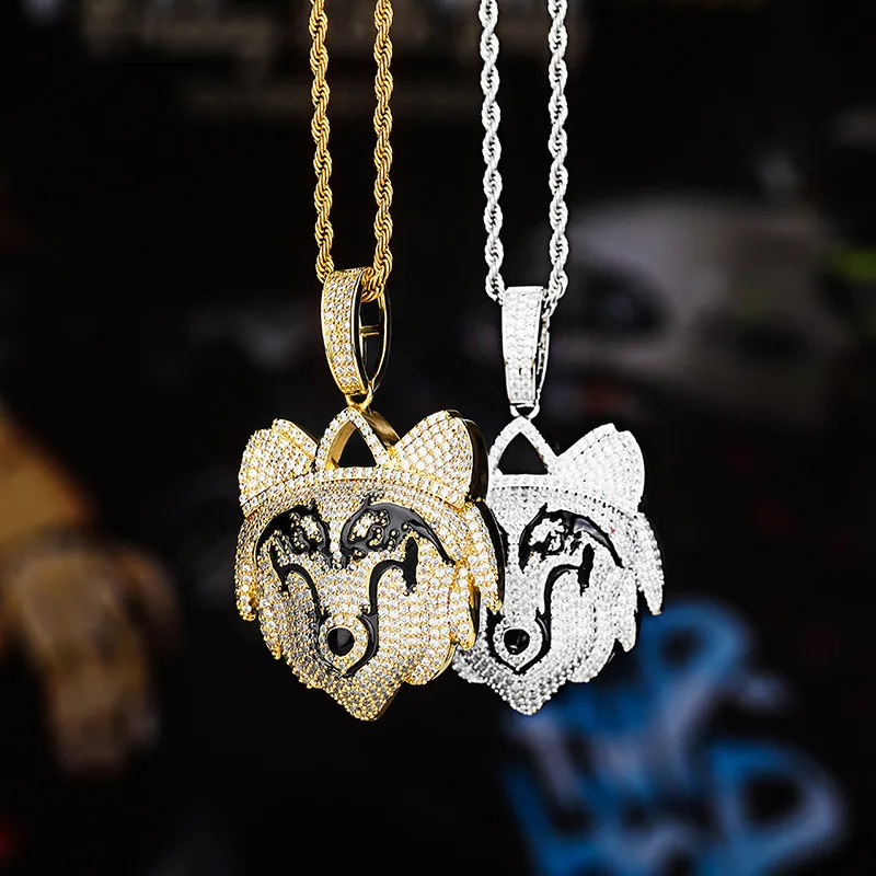 

New Full CZ Zircon Wolf Head Pendant Necklace Fashion Hip Hop Animal Jewelry With 24 Inch Chain 2 Colors