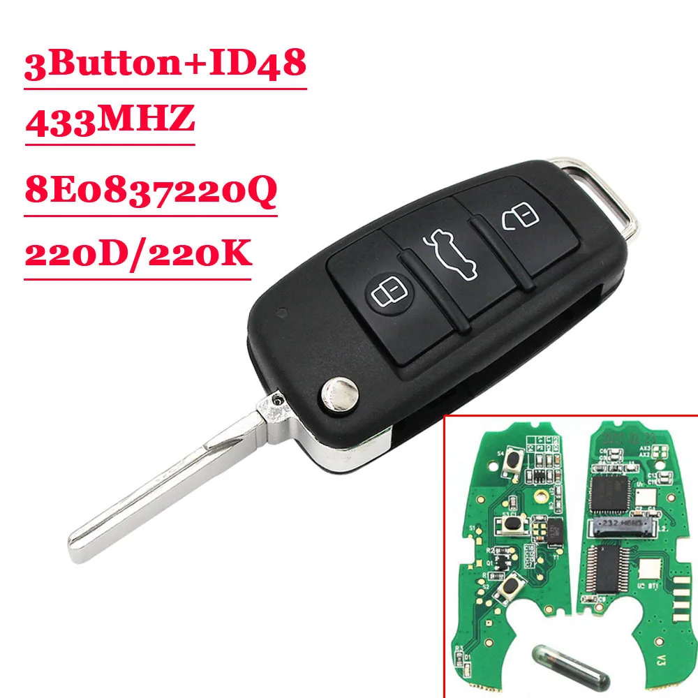 3 кнопки дистанционный автомобильный флип-ключ 433 МГц Fob для AUDI A2 A4 S4 Cabrio Quattro Avant 2005
