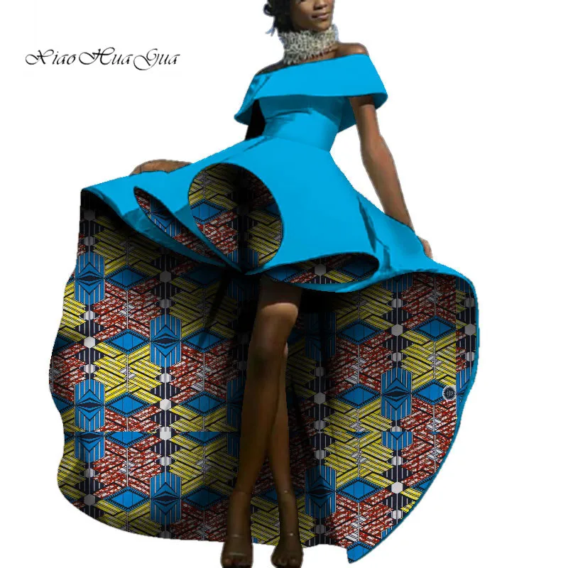 2020 New African Clothes Women Bazin Riche Party Sexy Dresses African Lady Fashion Printed Slash Neck Wedding Clothing WY4439