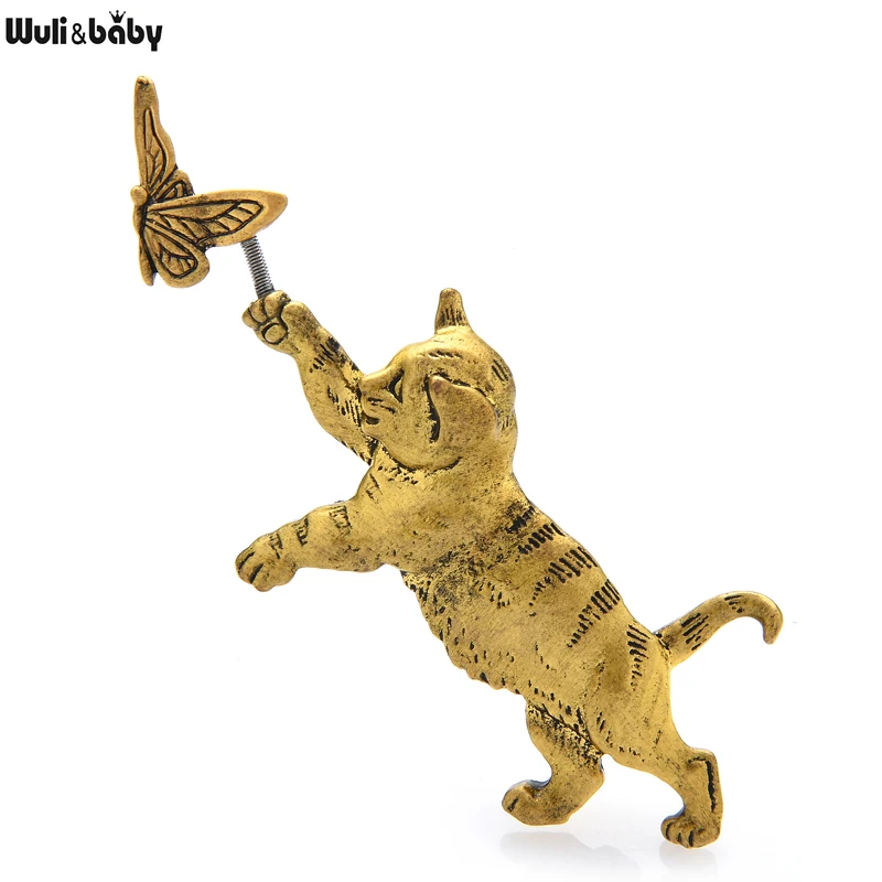 

Wuli&baby Vintage Catching Butterfly Cat Brooches For Women 2-color Interesting Design Pets Kitty Brooch Pin Gifts