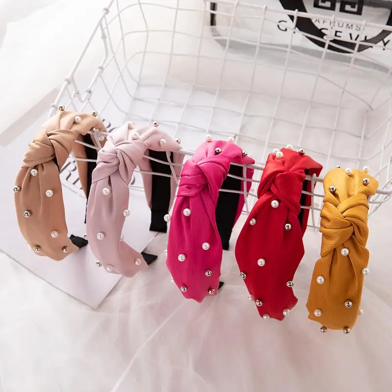 

Korean Knot Pearls Headbands For Women Girls Handmade Wide Solid Fabric Twist Hairbands Bezel Hair Hoop Simple Hair Accessories