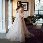 Прозрачное свадебное платье с V-образным вырезом в богемном стиле, элегантные свадебные платья-трапеции из тюля цвета шампанского с длинными рукавами, свадебное платье
