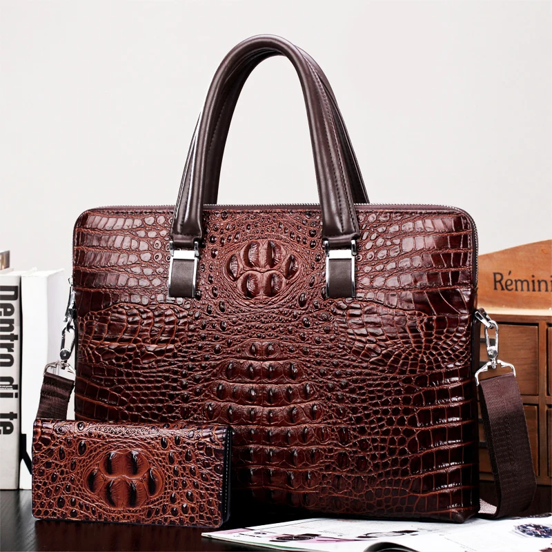 brown with wallet Роскошный коровья натуральная кожа деловой мужской портфель Мужская Наплечная Сумка с принтом сумка-мессенджер сумка-тоут Компьютерная сумка - Цвет: brown with wallet