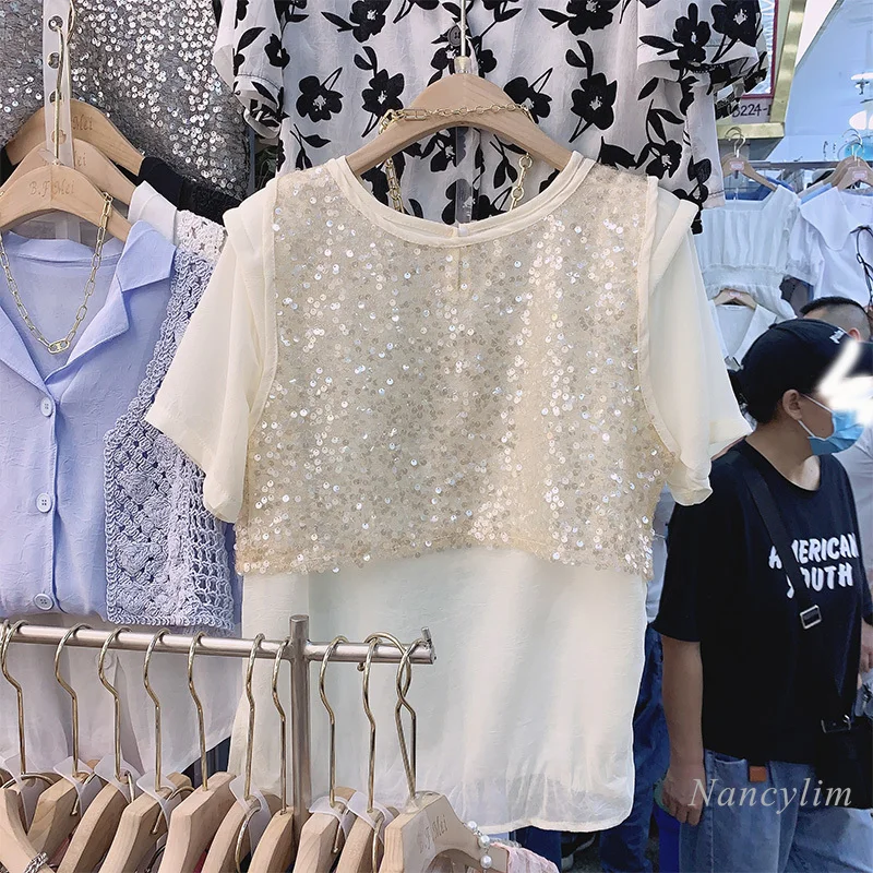 Pull en mousseline de soie à manches courtes pour femmes, gilet brodé à paillettes, haut d'extérieur, deux pièces, été, 2021