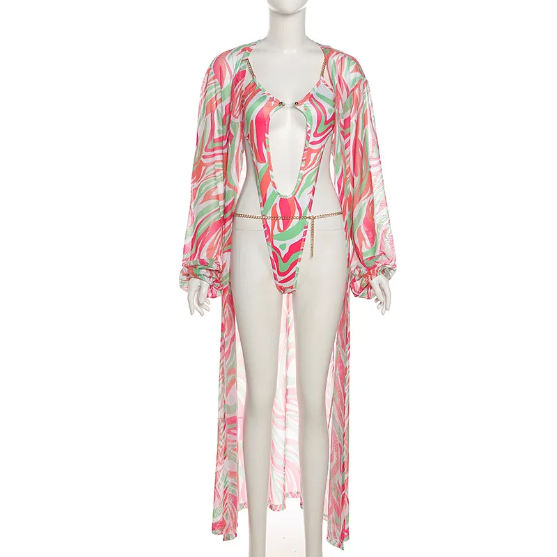 

Sexy Mesh Printed Bikinis 2 Piece Set Women One Piece Thong Swimsuit Cover Up Beach Wear Bathing Suit Dropshipping