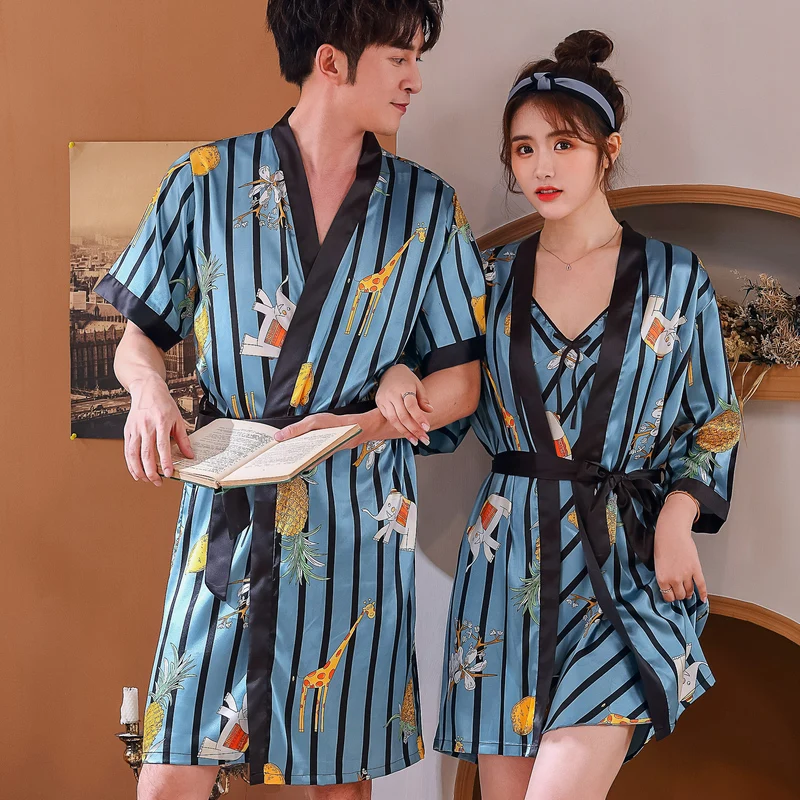 Men Summer Satin Silk Print Bathrobe Mens Luxury Kimono Bath Robe Women Sexy Robes Male Wedding Dressing Gown Hotel Honeymoon