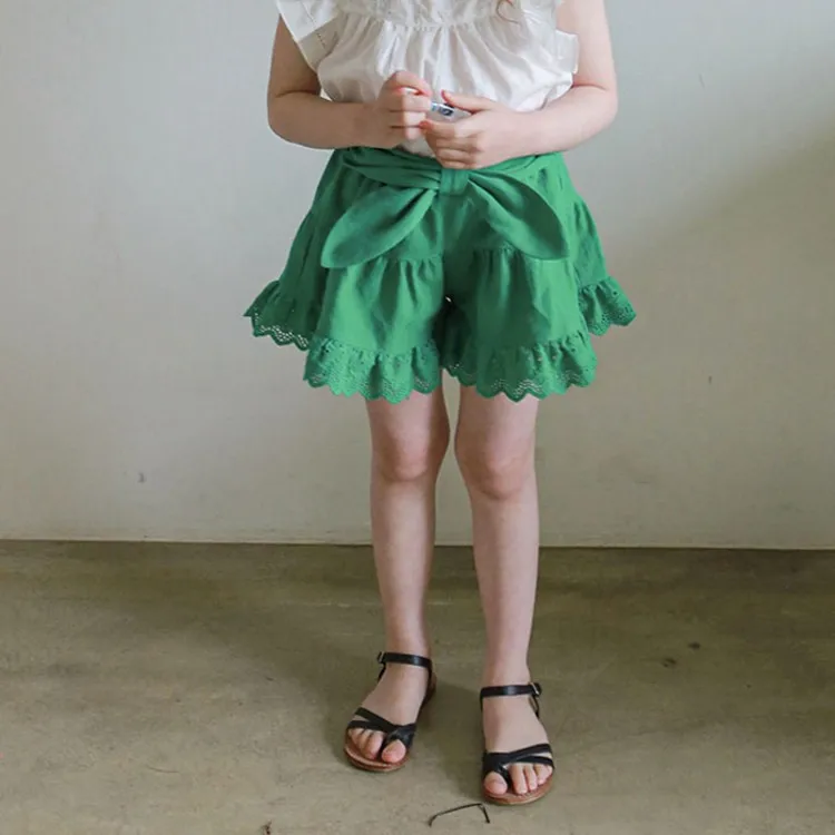 

Летние Шорты для девочек, новинка 2021, корейская детская одежда, кружевные милые кружевные шорты из чистого хлопка с бантом для маленьких дев...