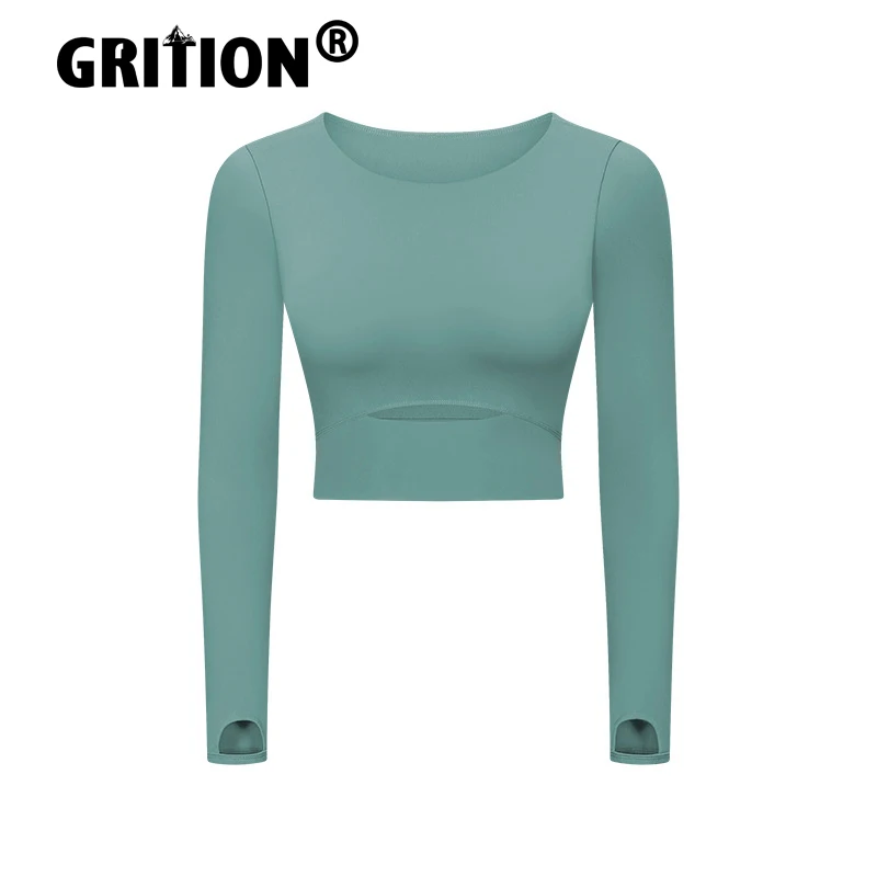 

GRITION Women Fitness Clothes Breathable Fashion Solid Yoga Clothes Long Sleeve Flexible Outdoor Shirt 2021 New Short Style
