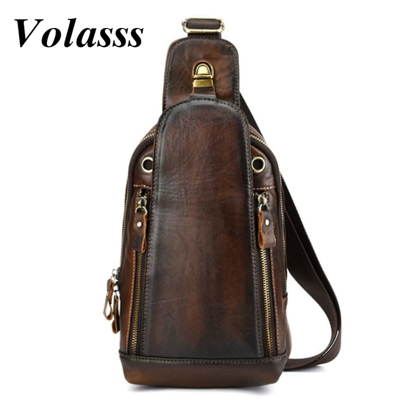 Volasss Men's Retro Shoulder Chest Bag Men Genuine Leather Chest Fanny Pack For Man Vintage Crossbody Bags Over The Shoulder