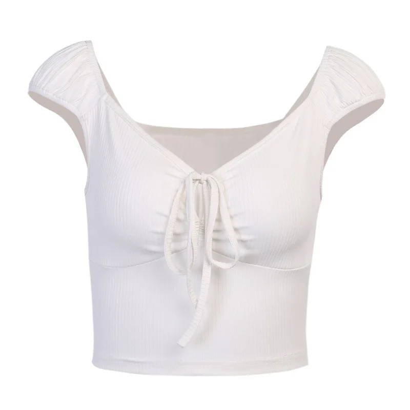 

Bandage Sleeveless Top Short V Neck Tank Top Sexy Lace Up Slim Shirts Elastic Drawstring Streetwear Women 2021 New Summer TOP