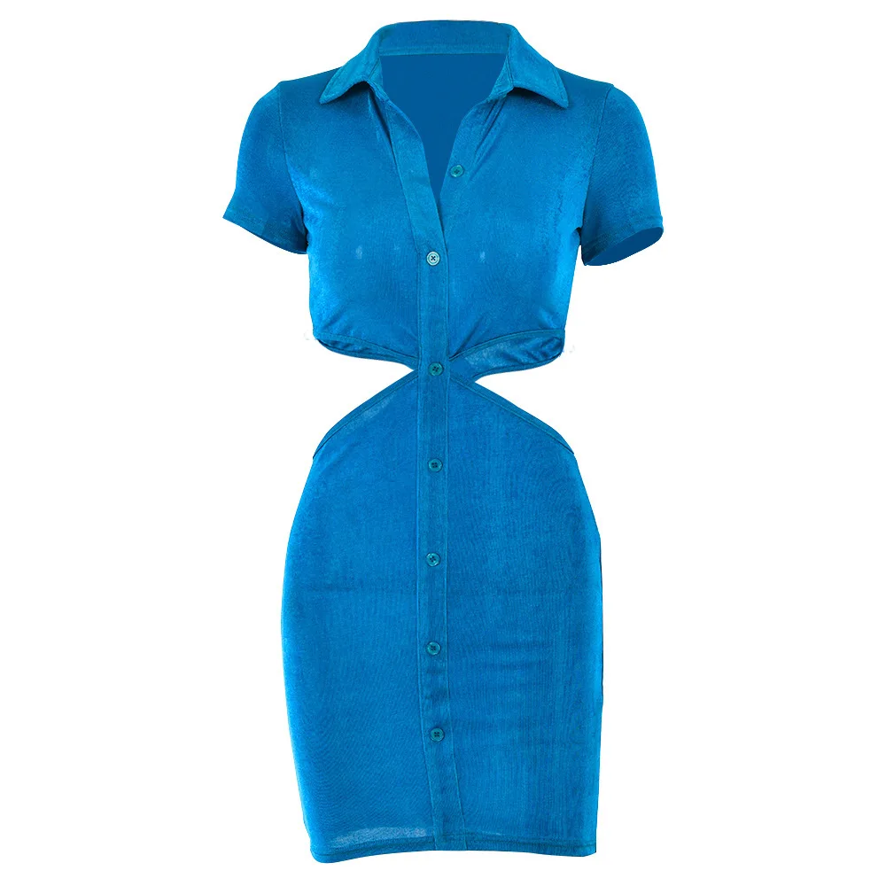 

2021 Summer Sexy Dress Women New Lapel Hollow Out Exposed Waist Short Sleeve Single Breasted Wrap Hips Party Mini Dress Vestidos