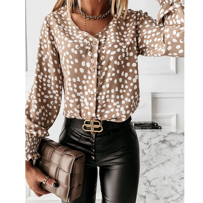 

Fashion Casual polka dot Button Lantern Sleeve Women Blouse Fall Tops Women Plus Size Women Tops and Shirt Women Officewear