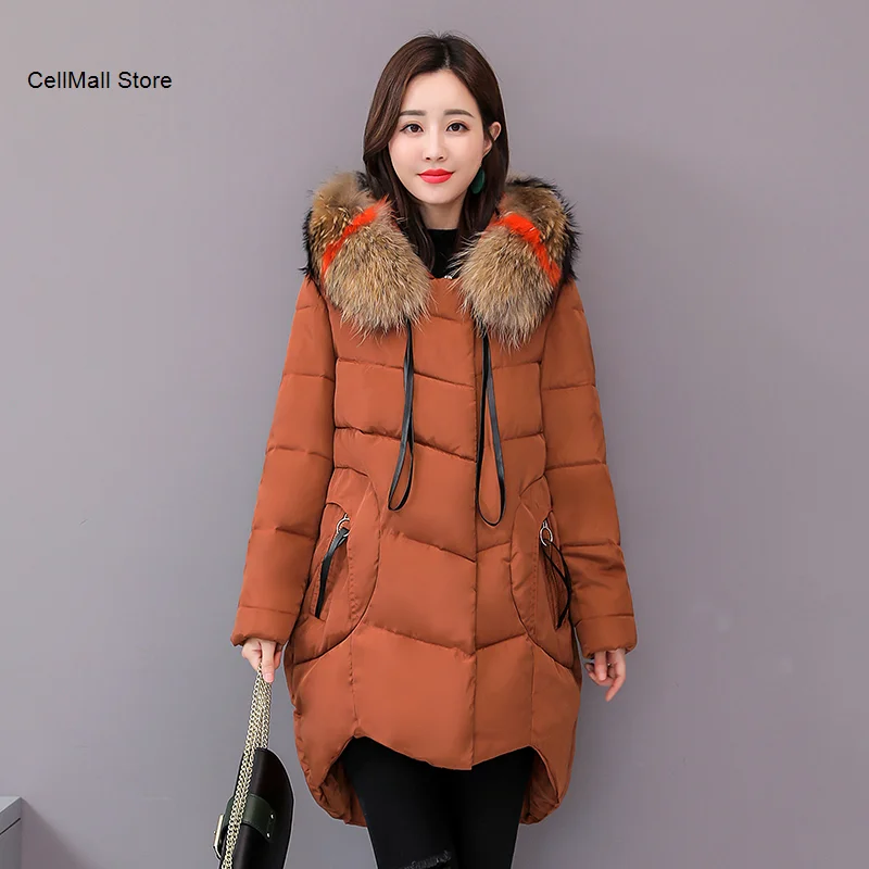 

Зимняя женская длинная пуховая куртка с капюшоном и меховым воротником, однотонные парки, женские повседневные толстые свободные пальто бо...