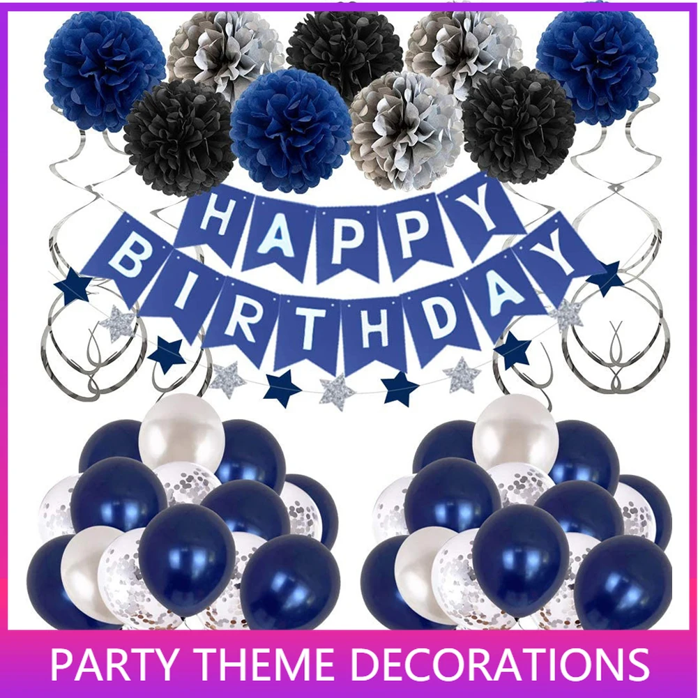 

47 Pcs Navy Blue Birthday Decoration Balloon,Happy Birthday Banner Blue Silver Confetti Balloon Paper Pompons