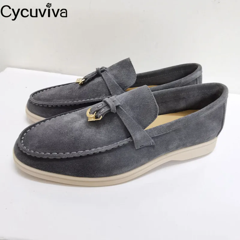 

Hot Sale Kidsuede Women Flat Shoes Hanged Metal Loafers Ladies Shoes Woman Slip-on Casual Walk Shoes For Women