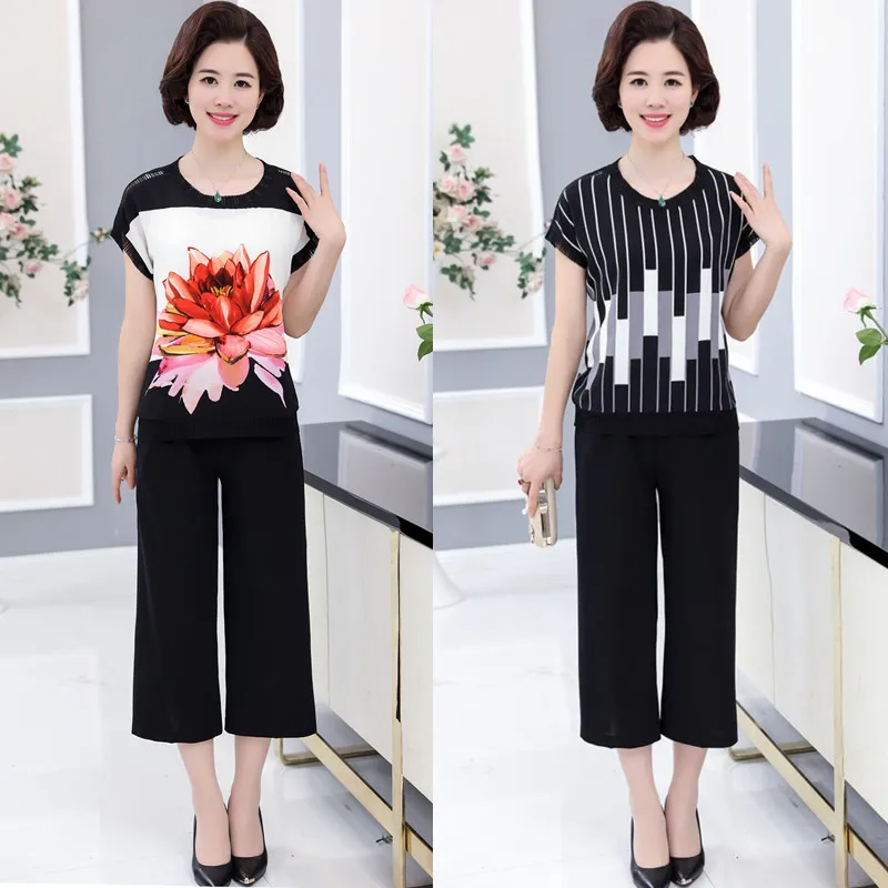 

Женский летний костюм из двух предметов для среднего и пожилого возраста, шифоновая рубашка с короткими рукавами, большие размеры, летние к...